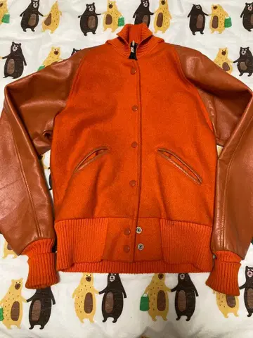 SKOOKUM 바시티 자켓 100% 버진 울 오렌지 가죽 소매 미국제