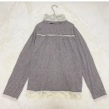 보더 하이넥 긴팔 셔츠/2way 레이스 포함 얇은 소재 이종 소재 도킹