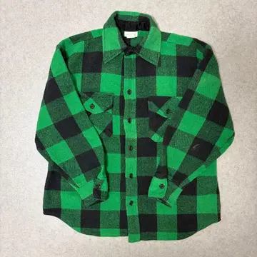 70s-80s 빈티지 플란넬 셔츠 그린 블록 체크 헤비 플란넬