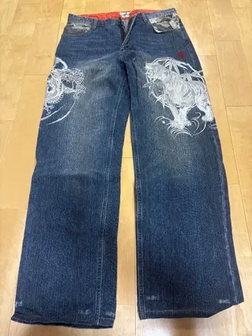 호랑이 용 자수 장식 다크 블루 데님 팬츠