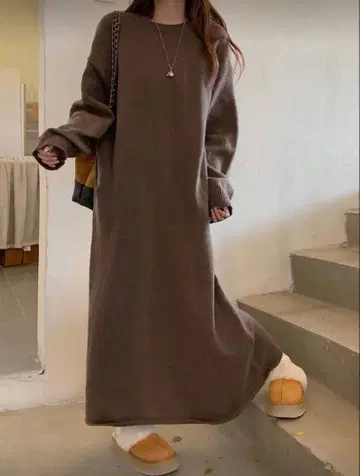 브라운 니트 롱 원피스 긴팔