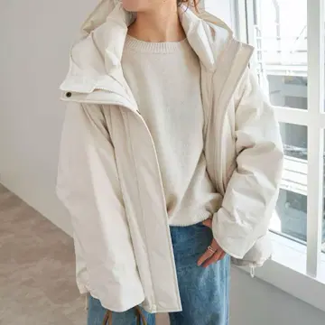 Spick & Span 발수 후디드 다운 하프 코트 화이트 36 새상품급