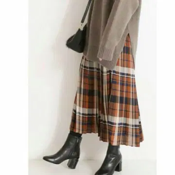 spick&span 체크 플리츠 스커트 브라운 x 아이보리 롱