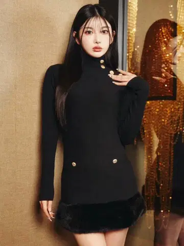 Darichi 헴 퍼 니트 미니 원피스 FL BLK