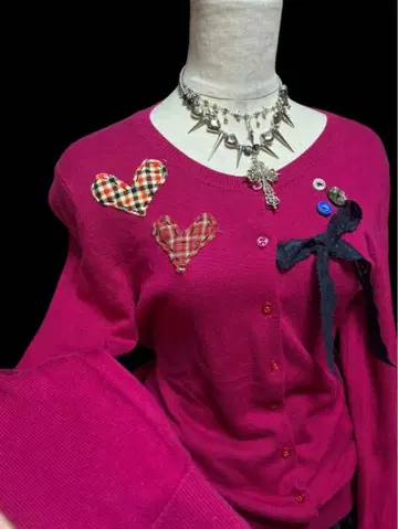 최저가! y2k 핑크 헤이세이 갸루 핏T 니트 가디건 레이스 체크 하트