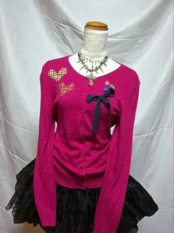 최저가! y2k 핑크 헤이세이 갸루 핏T 니트 가디건 레이스 체크 하트