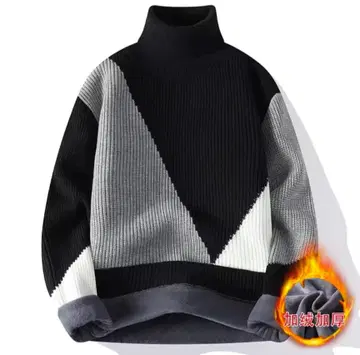 [ 울트라 웜 ] 속기모 터틀넥 니트 배색 절개 블랙 모노톤 방한