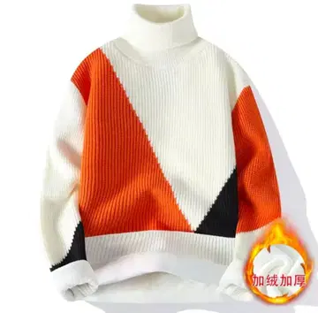 [ 울트라 웜 ] 속기모 터틀넥 니트 오렌지 배색 절개 방한 두꺼운 원단