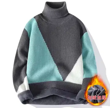 [울트라 웜] 속기모 터틀넥 니트 그레이 그린 배색 절개 방한