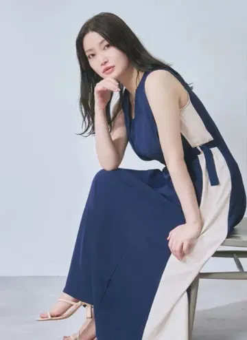 overE 리니스타일 바이컬러 원피스: 네이비 90