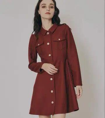 엠블럼 버튼 마이크로 와플 셔츠 원피스 S 레드 REDYAZEL