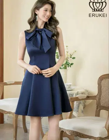 ERUKEI 엘르 네이비 프티 하이넥 리본 A라인 드레스