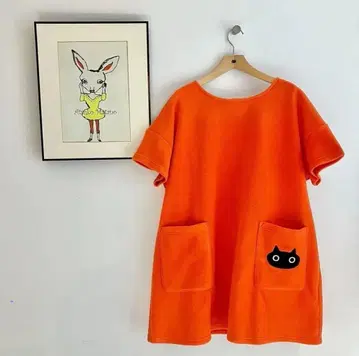 아츠코 마타노 오렌지 에이프런 고양이 포켓 부착