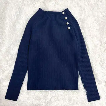 JUSGLITTY 사이드 펄 와이드 리브 니트 네이비