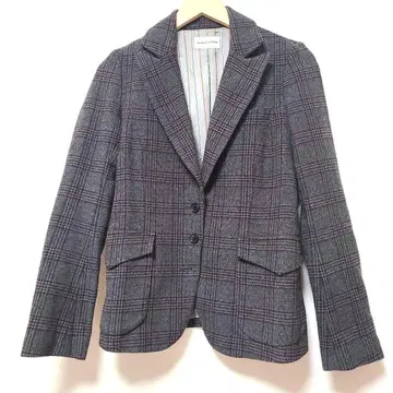 츠모리치사토 엘르 엘보 패치 체크 울 자켓 그레이