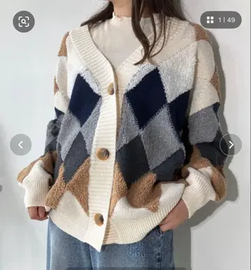 AS KNOW AS 포코포코 배색 아가일 오버 사이즈 가디건