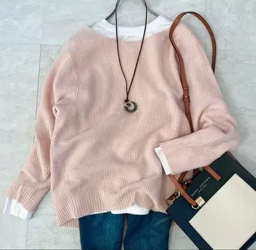 슬로브 이에나 보트넥 니트 풀오버 핑크 루즈핏