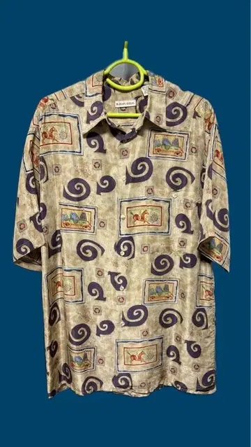 BURMA BIBAS 100% 실크 반팔 패턴 셔츠 M