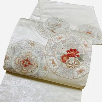 A 185 후쿠로 오비 대북 상아 자수 박 꽃무늬 순수 실크 기모노