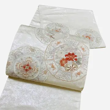 A 185 후쿠로 오비 대북 상아 자수 박 꽃무늬 순수 실크 기모노