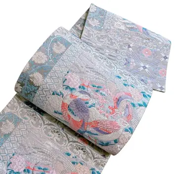 A 184 후쿠로 오비 육통 패턴 은사 당직 당초문 꽃과 새 순수 실크