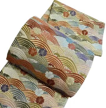 A 185 후쿠로 오비 육통 무늬 당직 파도와 꽃 순수 실크 기모노