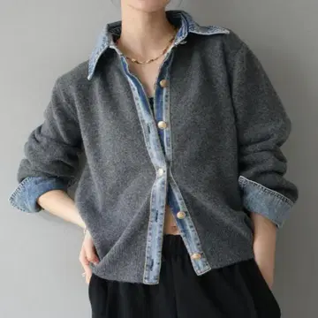 데님 옷깃 버튼 니트 가디건 차콜 lumier 뤼미에 같은 형태