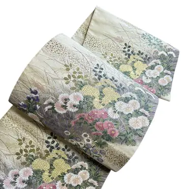 A 184 후쿠로 오비 육통 무늬 금실 쑥 국화 풀 순수 실크 기모노