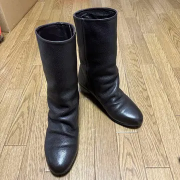 fitfit 블랙 가죽 롱 부츠 낮은 힐