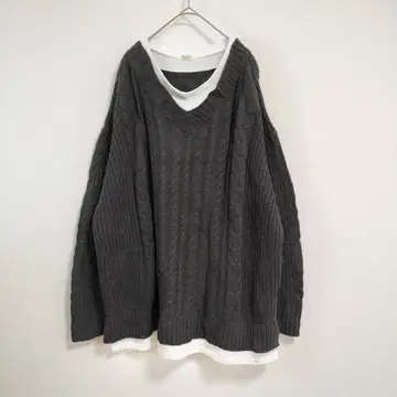 빅 사이즈 4L Rafraf 케이블 V넥 니트 그레이