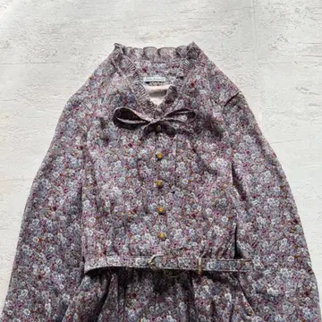 쇼와 레트로 미니 꽃무늬 롱 원피스 리본 타이 포함 프릴 넥 13호