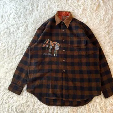 체크 셔츠 브라운 옷깃 코듀로이 자수 패치 M 사이즈 레트로