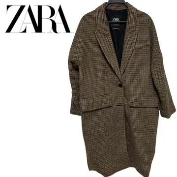 ZARA 체크 무늬 롱 코트 브라운 계열 체스터 코트 하운드투스 새상품급