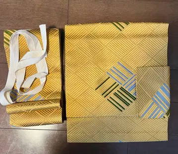 골드 컬러 격자 무늬 부착 오비 순수 실크