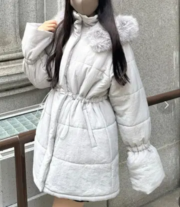 허리 마크 미디 기장 후드 퍼 다운 자켓 그레이 L 다운 코트