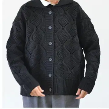 미사용 새상품 [ 미즈이로 인드 ] 패턴편직 니트 가디건 울 로우 게이지