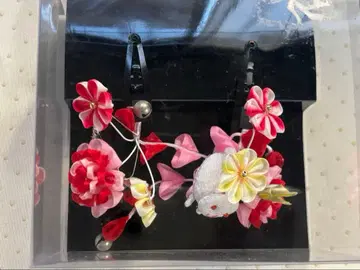 설날 시치고산 머리 장식 2개 세트 빨간색 화이트 꽃 똑딱핀 헤어콤