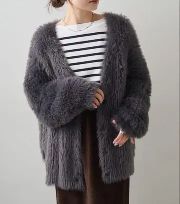 퓨어세신 가디건 샤기 니트 V넥 가디건 그레이