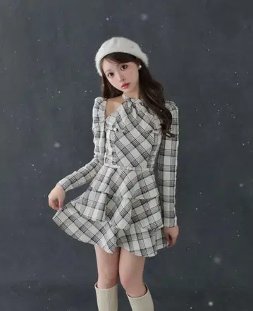 m me eme 슬리브 홀터 체크 미니 원피스