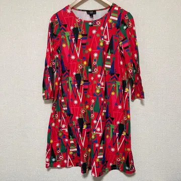 AGB [ S ] 컬러풀 기하학 패턴 7부 소매 원피스 크리스마스 컬러