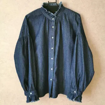 HEAVENLY 헤븐리 데님 셔츠 프릴 스탠드 카라 데님 블라우스