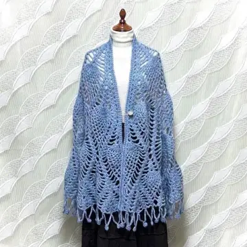 모헤어 핑 포함 파인애플 뜨기 대형 숄 블루