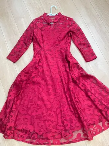 빨간색 꽃무늬 긴팔 A라인 드레스