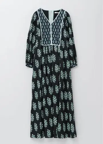 누키테파 코튼 보일 에스닉 콤비네이션 프린트 개더 원피스