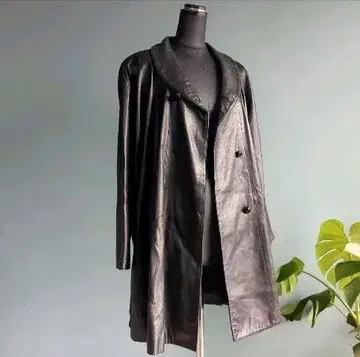 빈티지 양가죽 구제 의류 블랙 가죽 코트 더블 브레스트