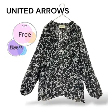 컨디션 최상 UNITED ARROWS 넥 프릴 시어 프린트 블라우스 블랙