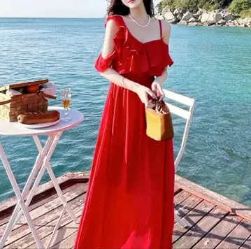 Salang 오프숄더 레드 롱 원피스