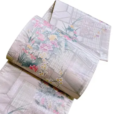 A 185 후쿠로 오비 롯츠 패턴 창밖의 꽃 순수 실크 기모노