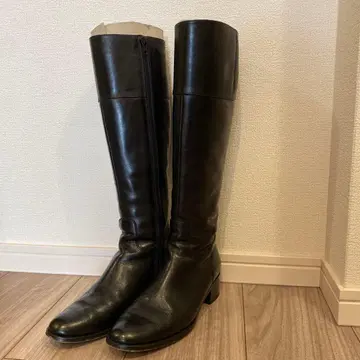 블랙 가죽 롱 부츠 지퍼 포함