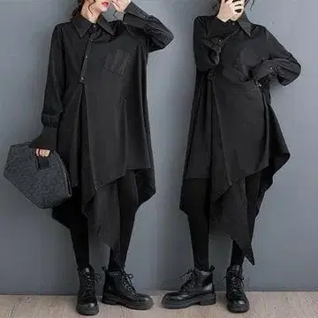 셔츠 원피스 비대칭 면 100 블랙 상의 긴팔 셔츠 원피스 루즈핏 성인